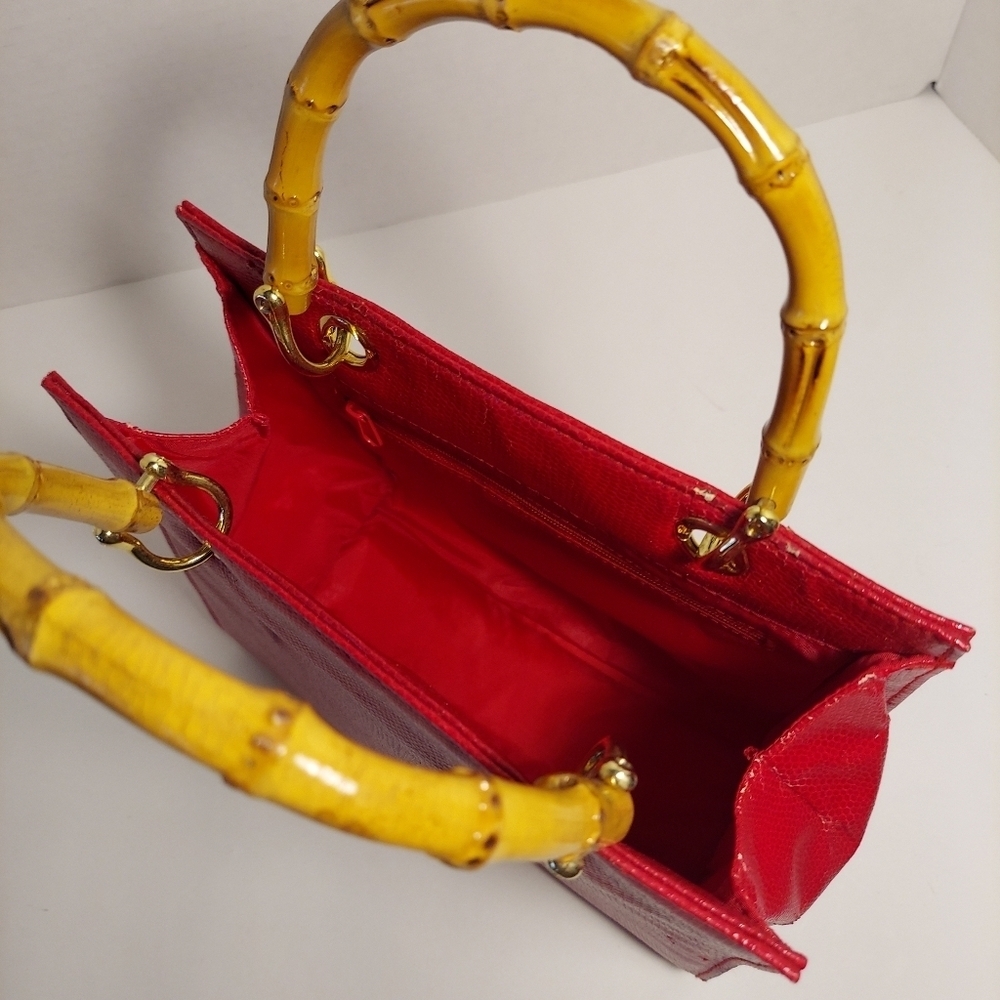 Giorgio Beverly Hills Hand Bag Red Faux Leather Bamboo Straps Minor Damage - Picture 9 of 16